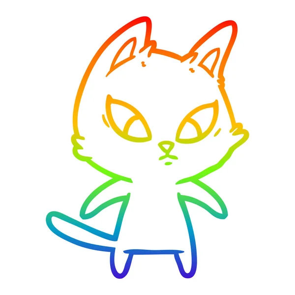 Rainbow gradient line drawing confused cartoon cat — Stock Vector