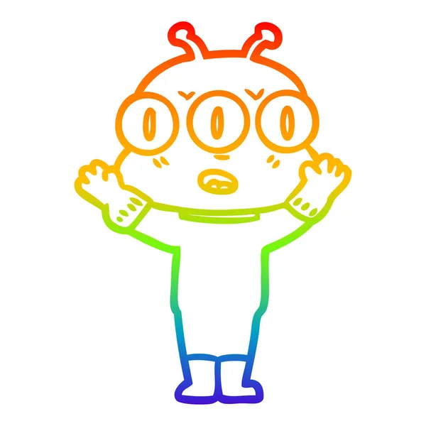 Rainbow gradient linje ritning Cartoon Three Eyed Alien — Stock vektor