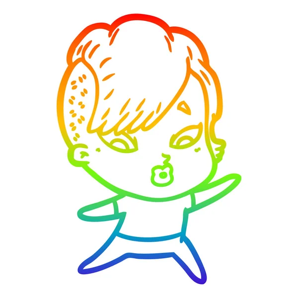 Rainbow gradient ligne dessin dessin animé surprise fille pointant — Image vectorielle