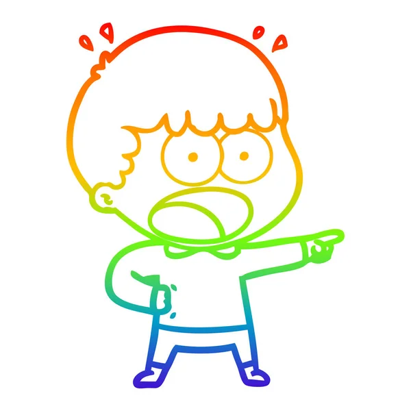 Rainbow gradient line drawing cartoon shocked man pointing — Stock Vector