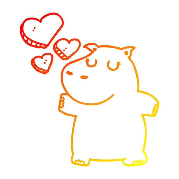 Warm gradient line drawing cartoon hippo in love — Stock Vector