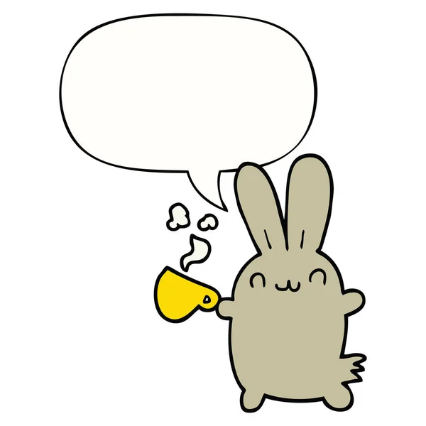 コーヒーとスピーチバブルを飲むかわいい漫画のウサギ — ストックベクタ
