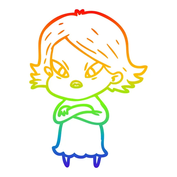 Rainbow gradient line drawing cartoon stressed woman — Stock Vector