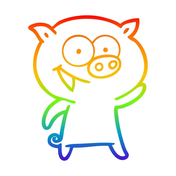 무지개 그라데이션 라인 그리기 쾌활한 돼지 만화 — 스톡 벡터