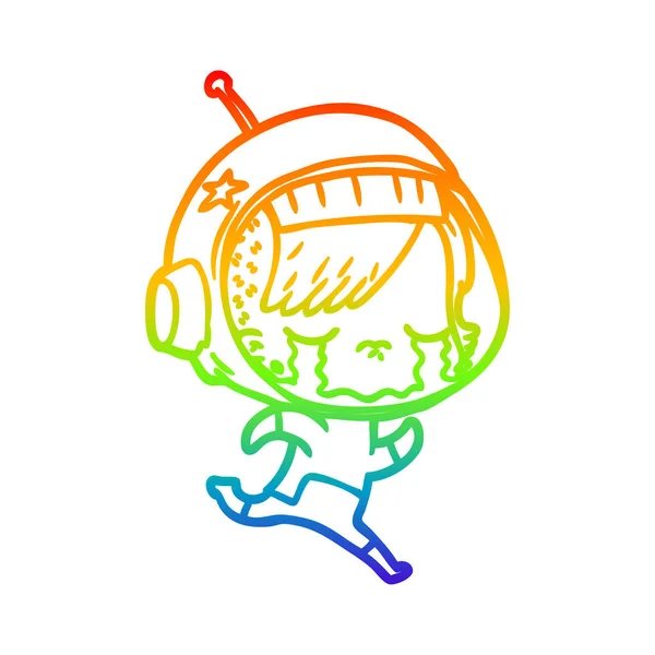 Arco iris gradiente línea dibujo dibujos animados llorando astronauta chica — Vector de stock