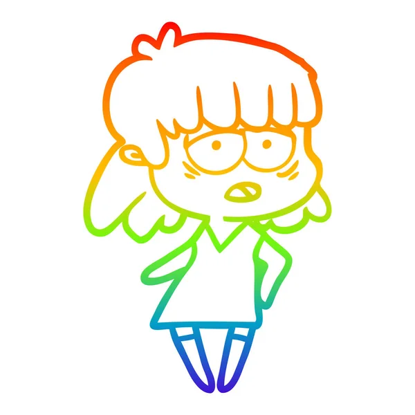 虹のグラデーションライン描画漫画疲れた女性 — ストックベクタ