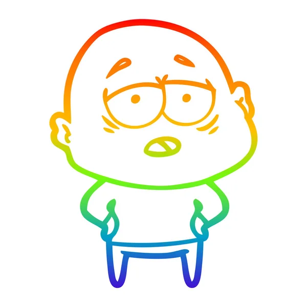 Rainbow gradient line drawing cartoon tired bald man — Stock Vector