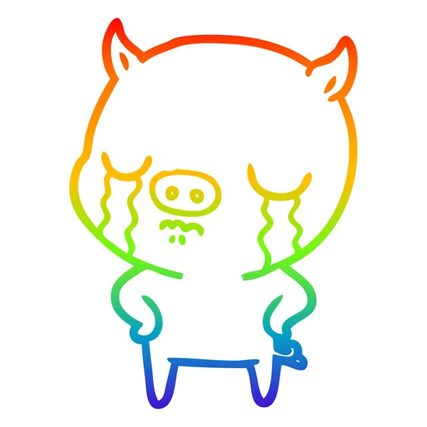 Rainbow Gradient Line Zeichnung Cartoon-Schwein weint mit den Händen auf h — Stockvektor