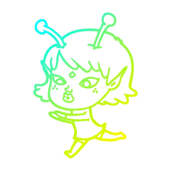 Cold gradient line drawing pretty cartoon alien girl — стоковый вектор