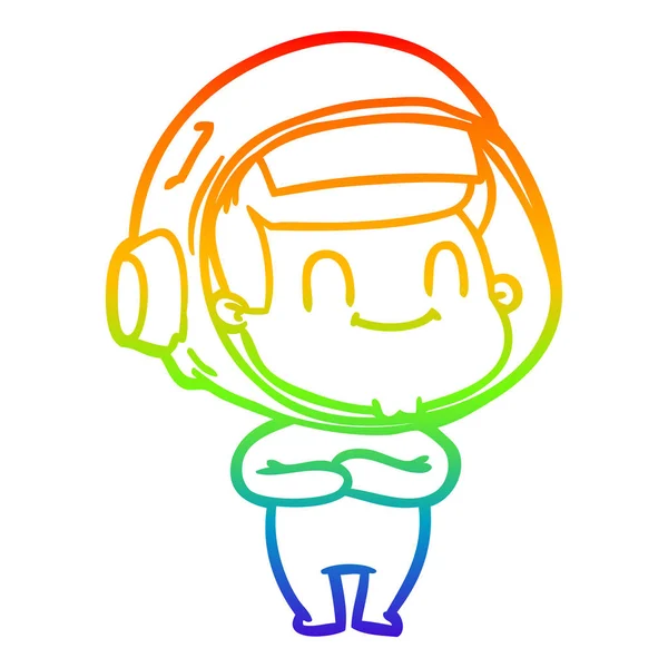 Rainbow gradient line drawing happy cartoon astronaut man — Stock Vector