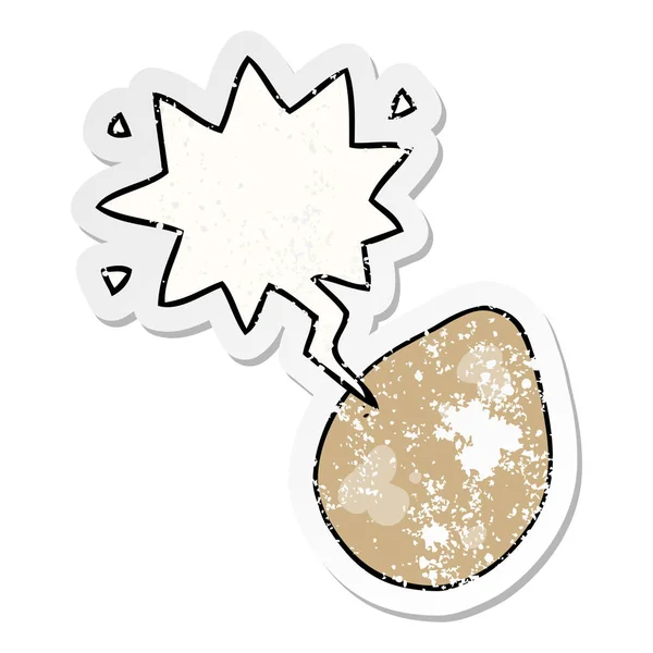 Karikatür yumurta ve konuşma balonu sıkıntılı etiket — Stok Vektör