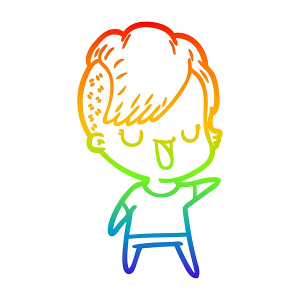 Arco iris gradiente línea dibujo lindo dibujos animados chica con hipster hai — Vector de stock