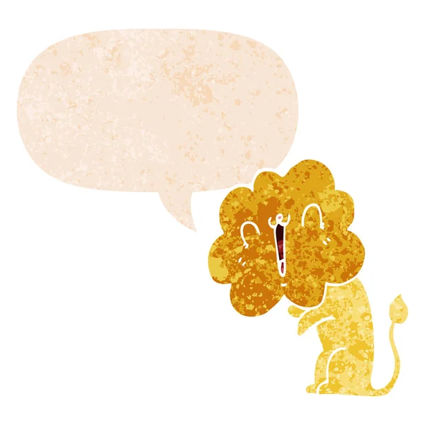 Милый мультяшный лев и пузырь речи в ретро текстурированном стиле — стоковый вектор
