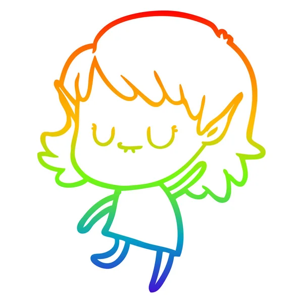 Arco iris gradiente línea dibujo feliz dibujos animados elfo chica usando dre — Archivo Imágenes Vectoriales