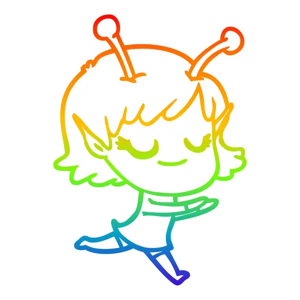 Regenboog gradiënt lijntekening lachende buitenaardse meisje cartoon — Stockvector