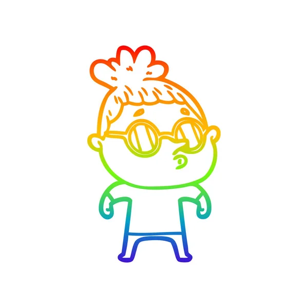 Regenboog gradiënt lijntekening cartoon vrouw dragen van bril — Stockvector