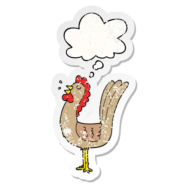 Cartoon rooster and thought bubble as a distressed worn sticker — Stock Vector