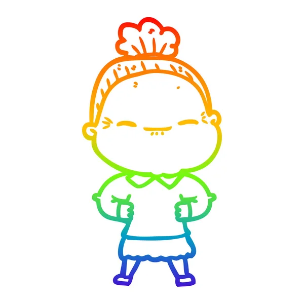 Rainbow gradient ligne dessin dessin animé paisible vieille femme — Image vectorielle