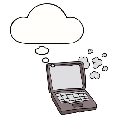 karikatür dizüstü bilgisayar ve düşünce balonu