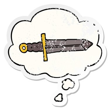 karikatür kılıç ve sıkıntılı yıpranmış etiket olarak kabarcık düşünce