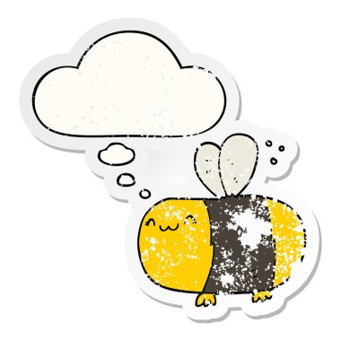 sevimli karikatür arı ve sıkıntılı yıpranmış etiket olarak kabarcık düşünce