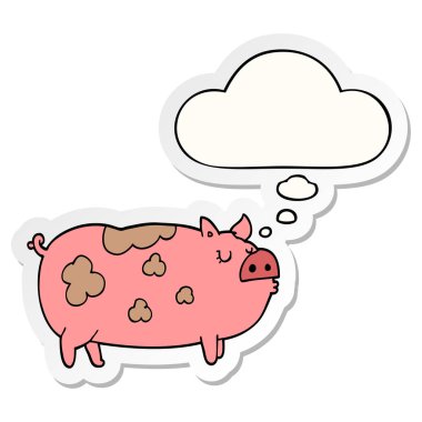karikatür domuz ve basılı bir etiket olarak kabarcık düşünce