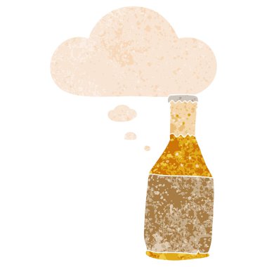 karikatür bira şişesi ve retro dokulu tarzında düşünce balonu