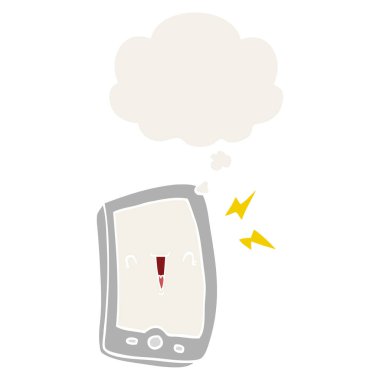 sevimli karikatür cep telefonu ve retro tarzında kabarcık düşünce