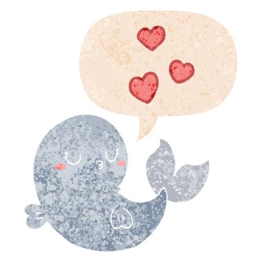 retro dokulu s aşk ve konuşma balonu sevimli karikatür balina