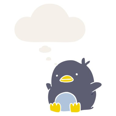 sevimli karikatür penguen ve retro tarzında düşünce balonu