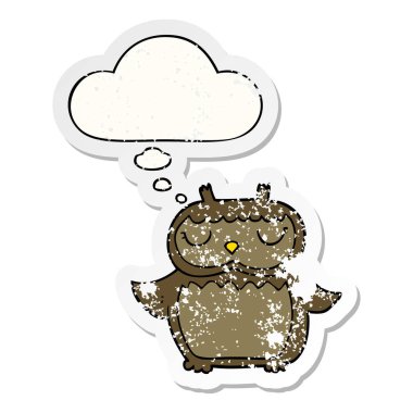 karikatür baykuş ve sıkıntılı yıpranmış etiket olarak kabarcık düşünce