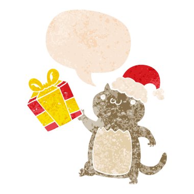 retro dokulu s sevimli karikatür noel kedi ve konuşma balonu