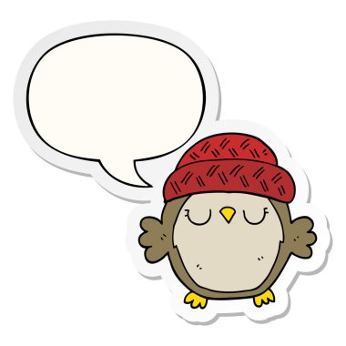 şapka ve konuşma kabarcık etiket sevimli karikatür baykuş