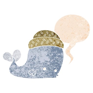 retro dokulu st şapka ve konuşma balonu giyen karikatür balina