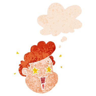 retro dokulu tarzda karikatür mutlu yüz ve düşünce balonu