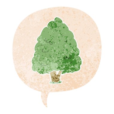 retro dokulu tarzı karikatür uzun boylu ağaç ve konuşma balonu