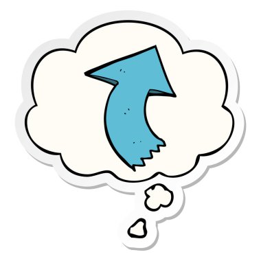 karikatür işaret ok ve basılı bir etiket olarak kabarcık düşünce