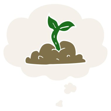 retro tarzında karikatür büyüyen fide ve düşünce balonu