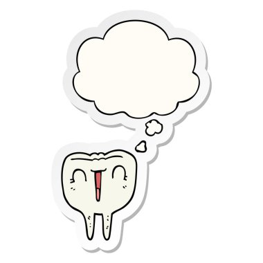 karikatür mutlu diş ve baskılı bir etiket olarak kabarcık düşünce