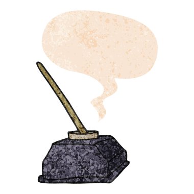 retro dokulu karikatür eski mürekkep pot ve kalem ve konuşma balonu 