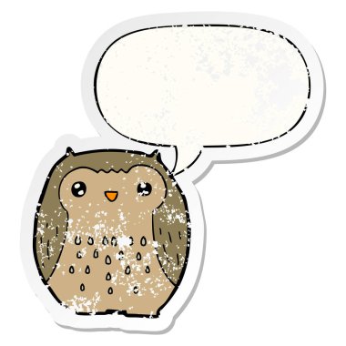 sevimli karikatür baykuş ve konuşma balonu sıkıntılı etiket