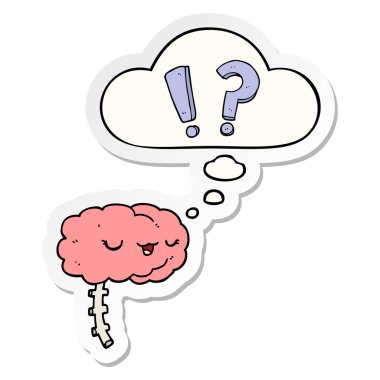 karikatür meraklı beyin ve baskılı bir etiket olarak kabarcık düşünce