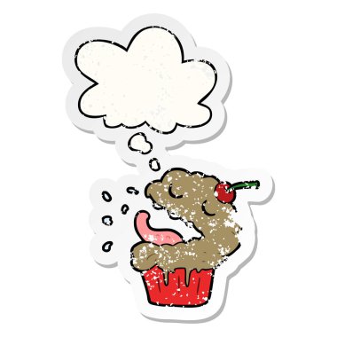 karikatür cupcake ve sıkıntılı yıpranmış etiket olarak kabarcık düşünce