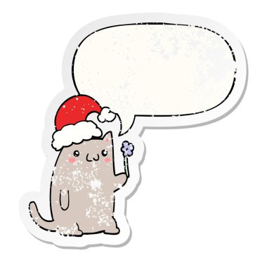 sevimli karikatür noel kedi ve konuşma balonu sıkıntılı etiket