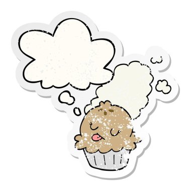 sevimli karikatür pasta ve sıkıntılı yıpranmış etiket olarak kabarcık düşünce