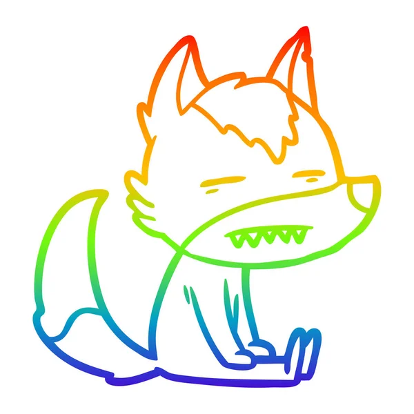 Arco iris gradiente línea dibujo dibujos animados sentado lobo mostrando teet — Vector de stock
