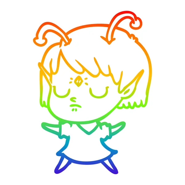 Arcobaleno gradiente linea disegno cartone animato ragazza aliena — Vettoriale Stock