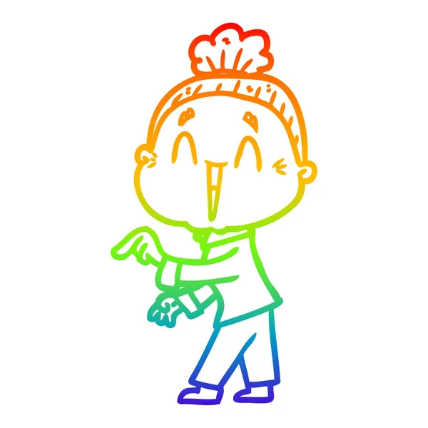 Rainbow gradient line drawing cartoon happy old lady — Stock Vector