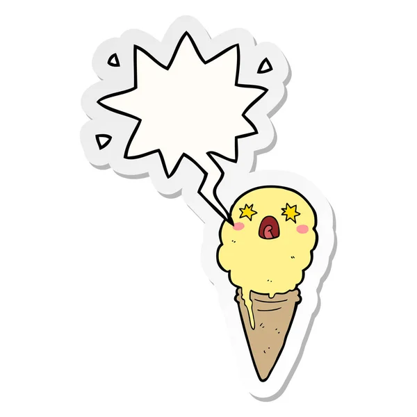 Cartoon shocked ice cream and speech bubble sticker — Stock Vector