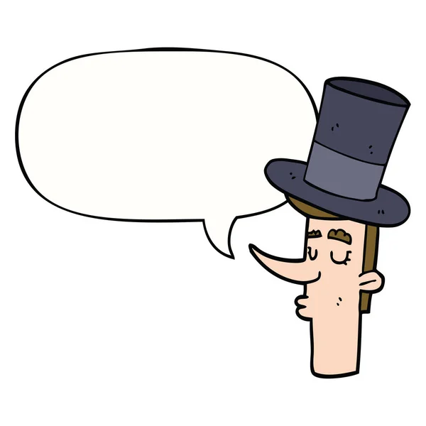 Uomo dei cartoni animati indossa cappello a cilindro e la bolla discorso — Vettoriale Stock